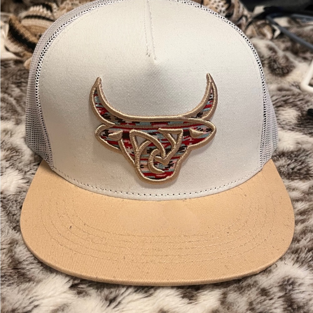 White and Tan Snapback Hat with Bull Logo